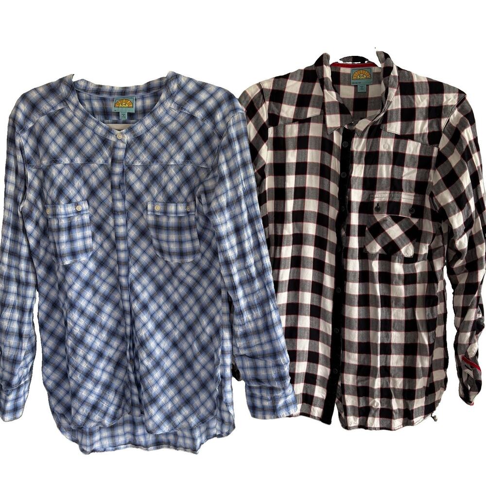 Set of 2 C&C California Button Down Shirts Roll Tab Sleeve Blue Black Plaid Sz M